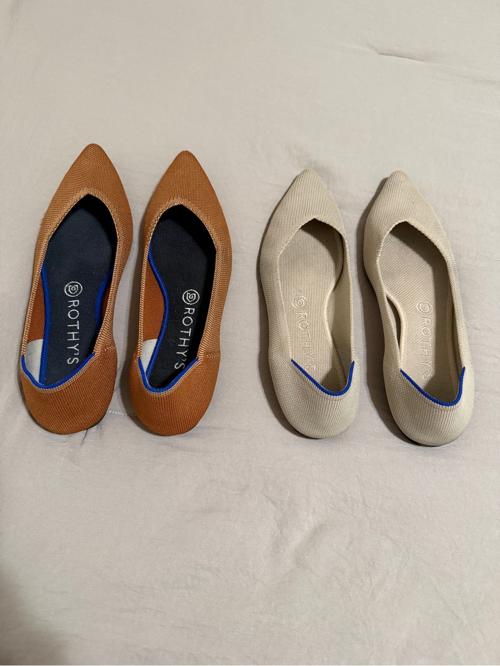 Rothy's Pointed Knit Flats in Cognac and Cream